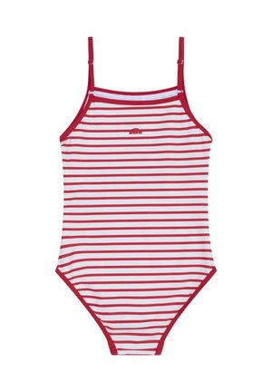 Maillot de bain une pièce rayé horizontal rouge et blanc avec fines bretelles réglables et petit logo rouge sur la poitrine.