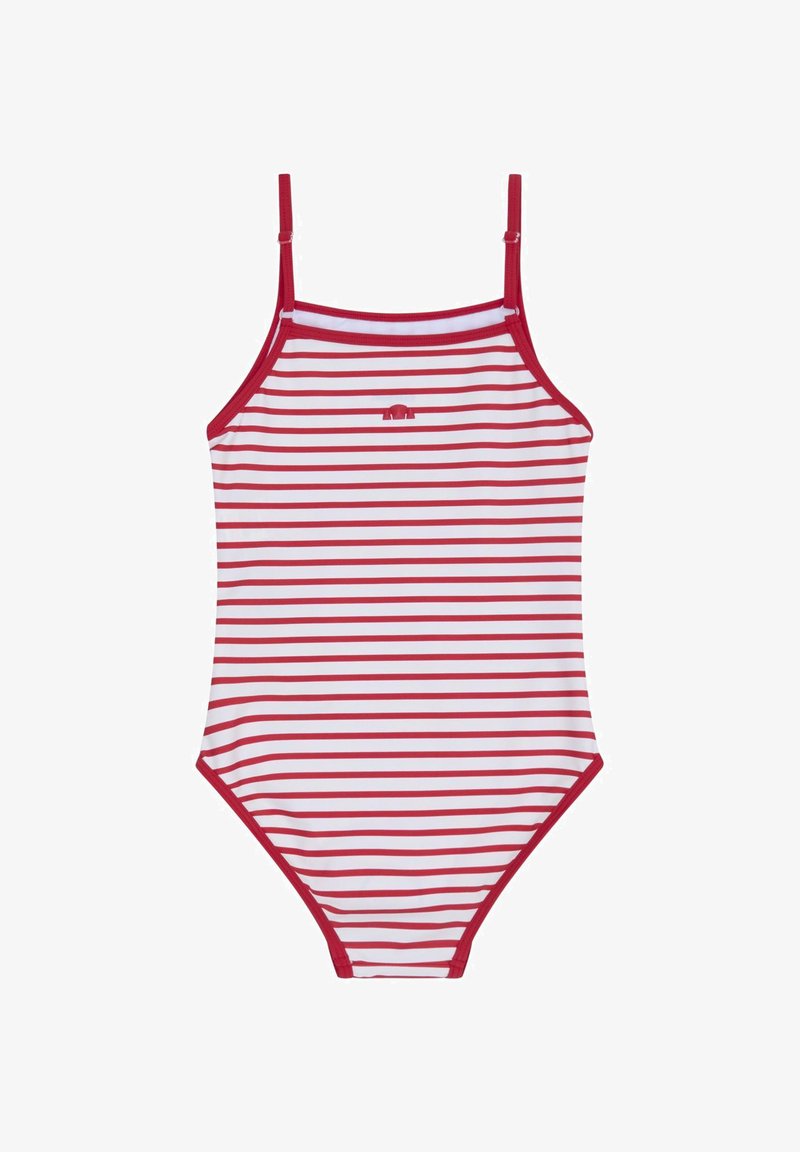 Maillot de bain une pièce rayé horizontal rouge et blanc avec fines bretelles réglables et petit logo rouge sur la poitrine.