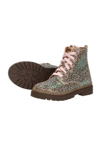Lace-up enkelboordjes met een luipaardprint ontwerp, voorzien van een metallic bronzen bovenkant, roze veters, en een gestructureerde bruine rubberen zool.