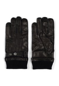 Guantes de cuero negro con puños de punto acanalado. Incluyen un cinturón con botón y costuras texturizadas para una mejor agarre y flexibilidad.