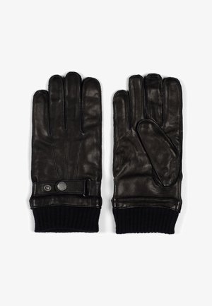 Schwarze Lederhandschuhe mit einem gerippten Strickbund. Zu den Merkmalen gehören ein Knopfverschluss und strukturierte Nähte für verbesserten Grip und Flexibilität.