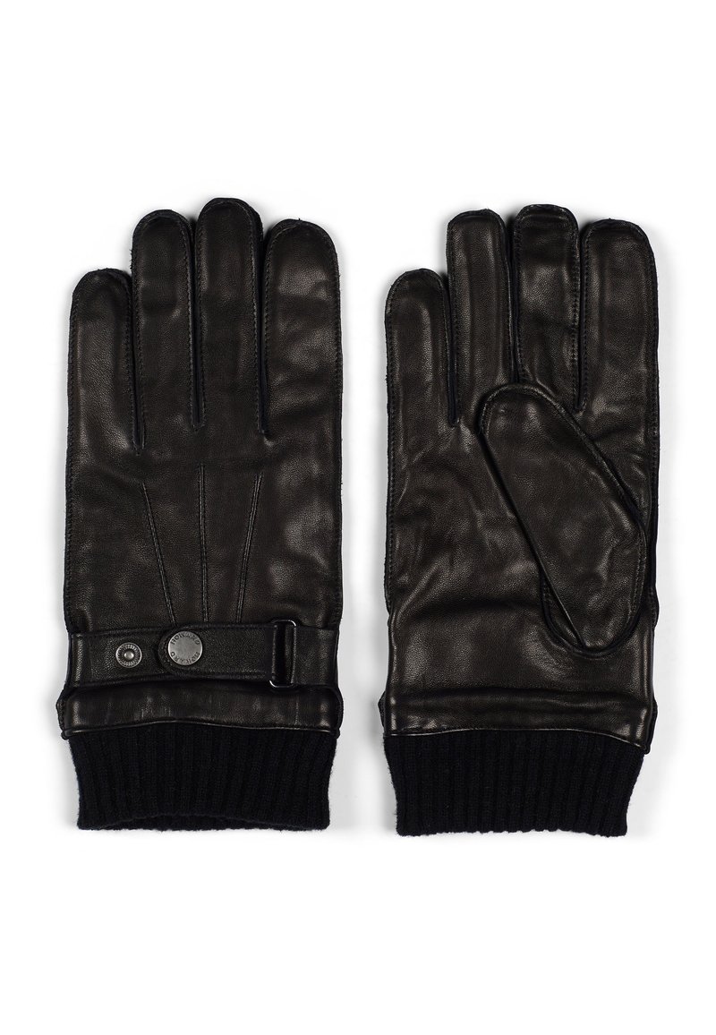 Guantes de cuero negro con puños de punto acanalado. Incluyen un cinturón con botón y costuras texturizadas para una mejor agarre y flexibilidad.