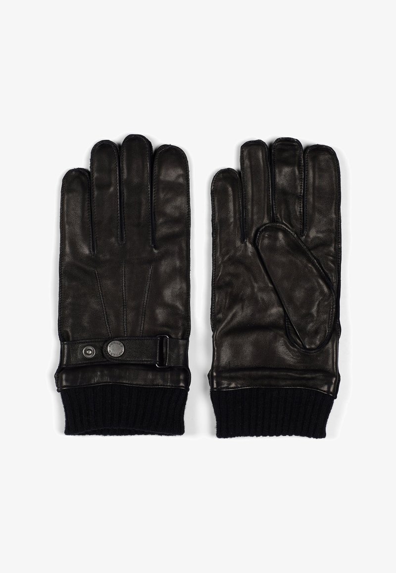 Schwarze Lederhandschuhe mit einem gerippten Strickbund. Zu den Merkmalen gehören ein Knopfverschluss und strukturierte Nähte für verbesserten Grip und Flexibilität.