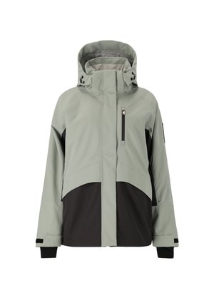 Light grey and black waterproof jacket with a hood, zippered chest pocket, adjustable cuffs, and contrasting panel design. Smooth texture.