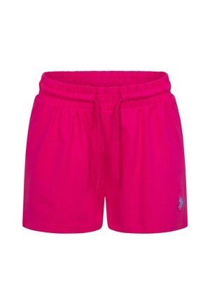 Helle pinke Shorts mit elastischem Bund, Kordelzug und kleinem blauen Sticklogo am linken Bein.