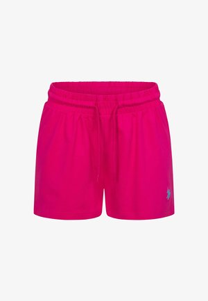 Helle pinke Shorts mit elastischem Bund, Kordelzug und kleinem blauen Sticklogo am linken Bein.
