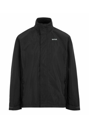 Schwarze wasserdichte Jacke mit hohem Kragen, Frontreißverschluss, seitlichen Reißverschlusstaschen und kleinem weißen "Regatta Great Outdoors" Logo auf der Brust.
