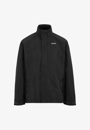Schwarze wasserdichte Jacke mit hohem Kragen, Frontreißverschluss, seitlichen Reißverschlusstaschen und kleinem weißen "Regatta Great Outdoors" Logo auf der Brust.