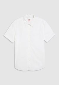 Weißes Hemd mit kurzen Ärmeln aus Baumwolle, mit spitzem Kragen, Knopfleiste und einer Brusttasche. Glatte Textur, ohne Muster.