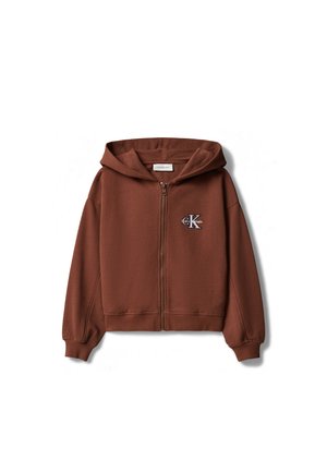 Brun hettegenser med glidelås, frontlommer, ribbestrikkede mansjetter, hette og hvit "Calvin Klein"-logo på venstre bryst.