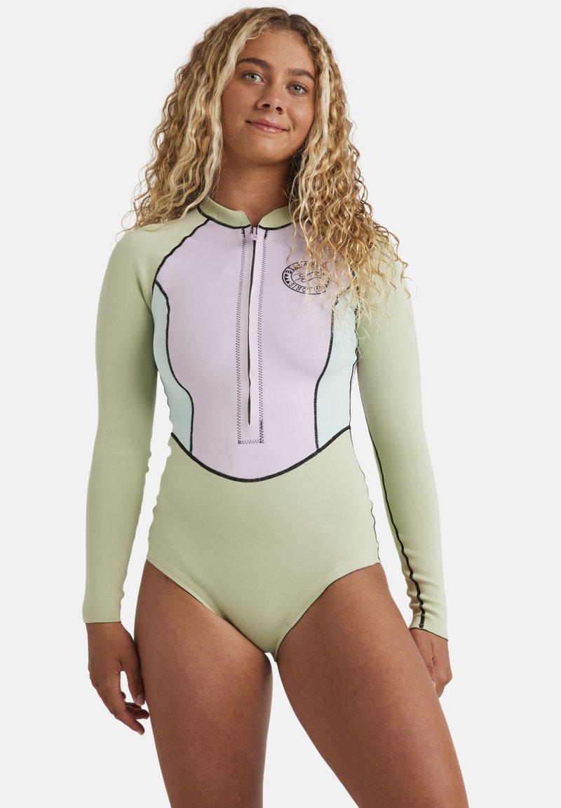 Muta a maniche lunghe in verde chiaro e lavanda tenue, con cuciture a contrasto, una zip frontale e una patch logo rotonda sul petto.