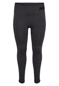 Svarta träningstights gjorda av mjukt, sträckt tyg. Har en hög midja med en logotyp och sömlös bendesign för komfort.