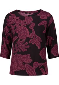 Top oscuro con un patrón floral en tonos burdeos y rojos profundos. Tiene un escote redondo y mangas de 3/4. Textura suave.