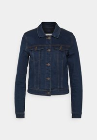 Mörkblå denimjacka med krage, framknäppning och två bröstfickor. Har sömmar och en kort längd. Slät textur.