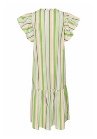 Wzorzysta sukienka z falbaniastymi rękawami, z pionowymi zielonymi, różowymi i białymi paskami oraz zebranym, falbaniastym dołem. Wykonana z lekkiego materiału.