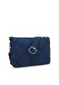 Borse a tracolla trapuntata blu navy con forma rettangolare, tracolla regolabile, hardware in argento e tessuto testurizzato con cuciture a forma di diamante.