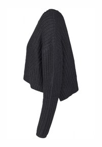 Pull court noir avec une texture en tricot épais, présentant des manches longues et un motif côtelé sur le corps et les manches.