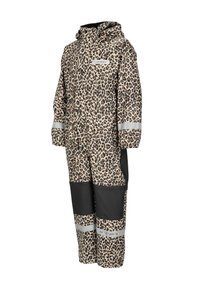 Regnjakke i leopardmønster, der er vandafvisende og har hætte, reflekterende striber på ærmer og ben samt sorte accentsyninger på nederste dele.