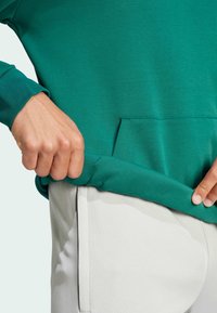 Zelená mikina s klokáním kapsou, žebrovanými manžetami a volným střihem. Kombinována s lehkými šedými kalhotami. Hladká textura, neformální design.