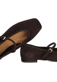 Donkerbruin suede Mary Jane ballerina's met vierkante neuzen, enkelbandjes, gouden gesp en lage blokhakken op een witte achtergrond.