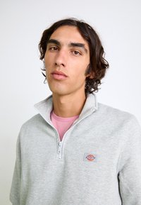 Lys grå zip-up sweatshirt med ståkrave og broderet logo patch. Laget over en pink skjorte, har blød tekstur og afslappet pasform.