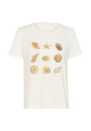 Valkoinen t-paita, jossa on erilaisia simpukoita ja meritähtiä esittävää printtiä hillityissä beigeissä ja vaaleanruskeissa sävyissä. Lyhyet hihat ja pyöreä pääntie.