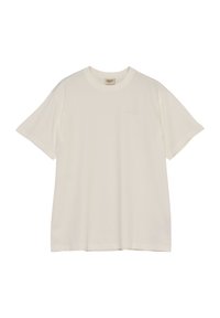 Hvid bomulds T-shirt med rund hals, korte ærmer og et diskret broderet logo. Glat tekstur og løs pasform.