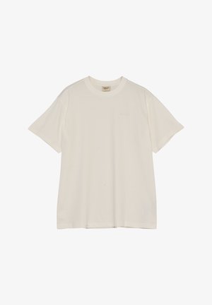 Weißes Baumwoll-T-Shirt mit Rundhalsausschnitt, kurzen Ärmeln und einem dezenten Bestickungslogo. Glatte Textur und lockerer Schnitt.