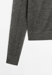 Grauer gestrickter Pullover mit langen Ärmeln, ausgestattet mit einem klassischen Rundhalsausschnitt und gerippten Bündchen, aus einem weichen, strukturierten Stoff hergestellt.