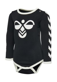 Zwarte longsleeve bodysuit met een witte grafisch ontwerp van een bij en chevronpatronen op de mouwen. Het heeft een contrasterende witte halslijn en drukknoopjes.