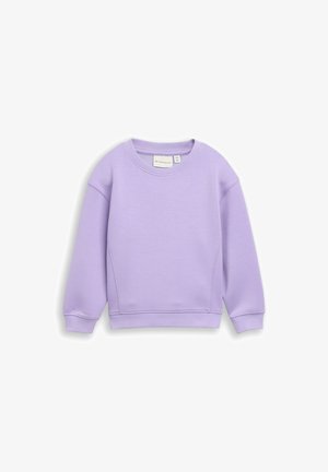 Lichtpaarse lange mouw crewneck trui met geribbelde boorden en zoom, plat uitgestald op een witte achtergrond.