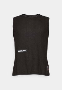 Top negru fără mâneci, din material texturat, cu un logo alb "Mammut" și un tag mic roșu pe lateral, guler rotunjit.