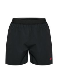Zwarte sportshorts met een gladde textuur, een elastische tailleband en een klein rood logo aan de onderkant aan de rechterzijde.