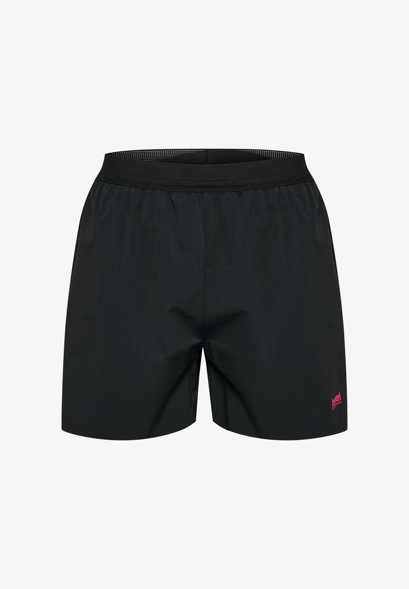 Svarta träningsshorts med en slät yta, elastisk midja och en liten röd logotyp på nedre högra sidan.