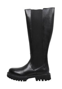 Bottines noires montantes avec un devant en cuir lisse et un panneau en tissu élastiqué à l'arrière. Présente une semelle épaisse avec une texture striée.