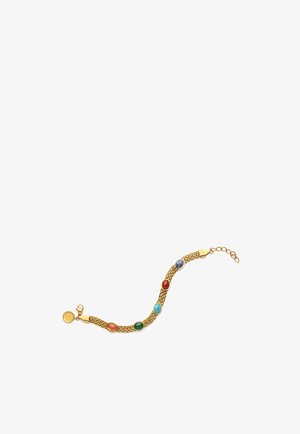 Bracelet chaîne en or avec cinq pierres précieuses ovales orange, verte, turquoise, rouge et bleue, et un petit pendentif rond en or près du fermoir.