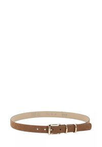 Brown suede leather belt with gold-tone square buckle and two loops, slightly curved on a white background.