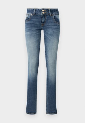 Blue denim jeans with a straight cut, featuring two front pockets, a button-up fly, and light fading on the legs. Stubby hem finish.