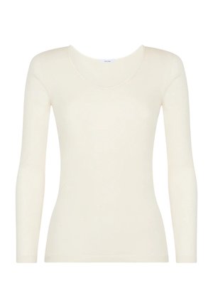 Maglietta attillata a maniche lunghe color crema con scollo rotondo, mostrata su sfondo bianco semplice.