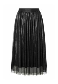 Schwarzer Tüll-Midirock mit elastischem Bund, der ein geschichtetes Design und eine durchsichtige Textur aufweist, wodurch ein fließender Look entsteht.