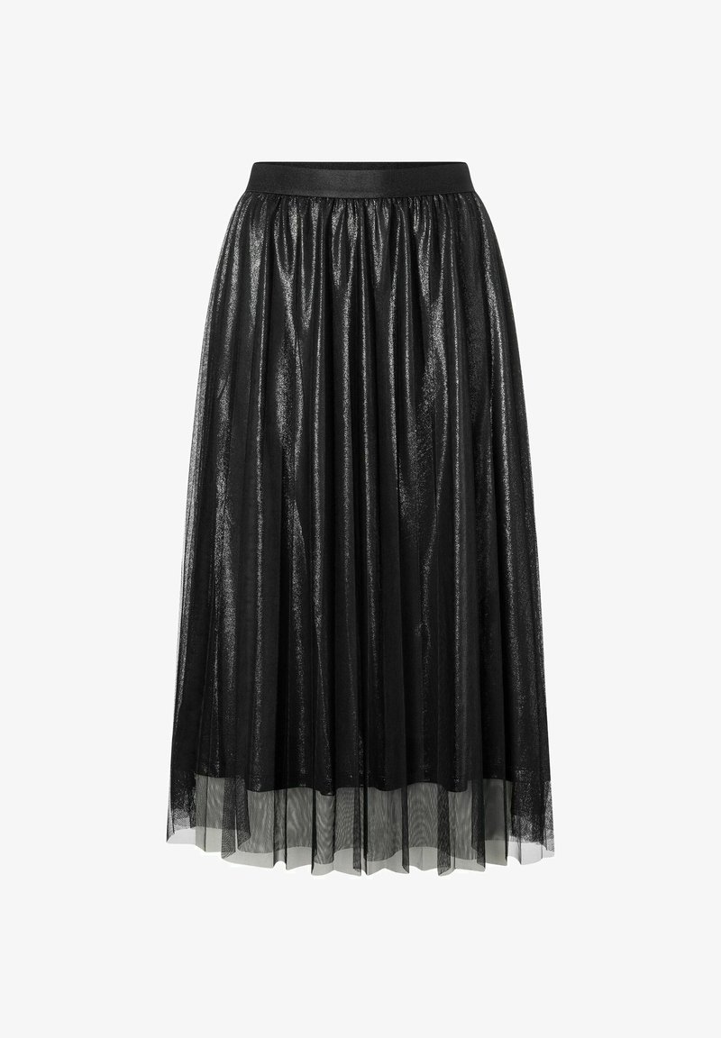 Schwarzer Tüll-Midirock mit elastischem Bund, der ein geschichtetes Design und eine durchsichtige Textur aufweist, wodurch ein fließender Look entsteht.