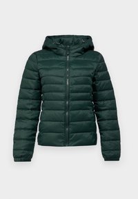 Ciemnozielona puchowa kurtka z kapturem, z przodem zapinanym na zamek, pikowanym wzorem, elastycznymi mankietami i gładką teksturą na całej powierzchni.