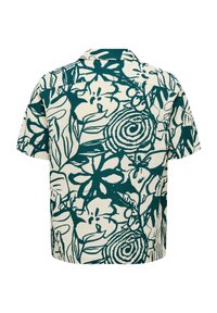 Kurzarmhemd aus strukturiertem Creme-Stoff mit einem türkisfarbenen Blumenmuster, ausgestattet mit einem klassischen Kragen und einem lockeren Schnitt für extra Komfort.