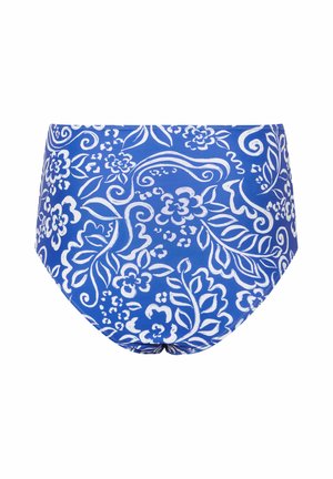 Blaue Schwimmhosen mit einem durchgängigen weißen Muster aus Blumen und Blättern, verziert mit Wirbeln und abstrakten Formen auf nahtlosem Stoff.