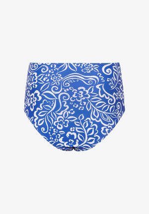 Blaue Schwimmhosen mit einem durchgängigen weißen Muster aus Blumen und Blättern, verziert mit Wirbeln und abstrakten Formen auf nahtlosem Stoff.