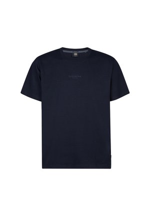 Marineblauwe katoenen T-shirt met korte mouwen, ronde halslijn en een klein logodetail aan de voorkant. Zachte textuur, casual pasvorm.