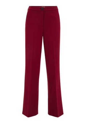 Burgundské nohavice na mieru s rovnými nohavicami, predným uzáverom na gombík a jemnými bočnými vreckami. Hladká, textúrovaná látka.