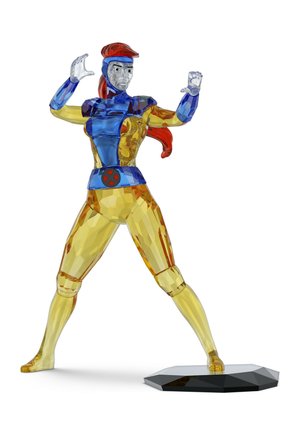 Figura de cristal de una superheroína con un traje amarillo y azul y pelo rojo, posando de forma dinámica sobre una base negra.