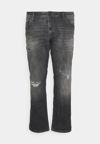 Jeans negri din denim cu o croială relaxată, având ușoare deteriorări și detalii răvășite. Design clasic cu cinci buzunare și închidere cu fermoar.