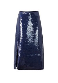 Marineblauwe paillettenrok met een zijsplit, met een glanzend gestructureerd oppervlak en een aansluitend ontwerp. De stof heeft een reflecterende kwaliteit.
